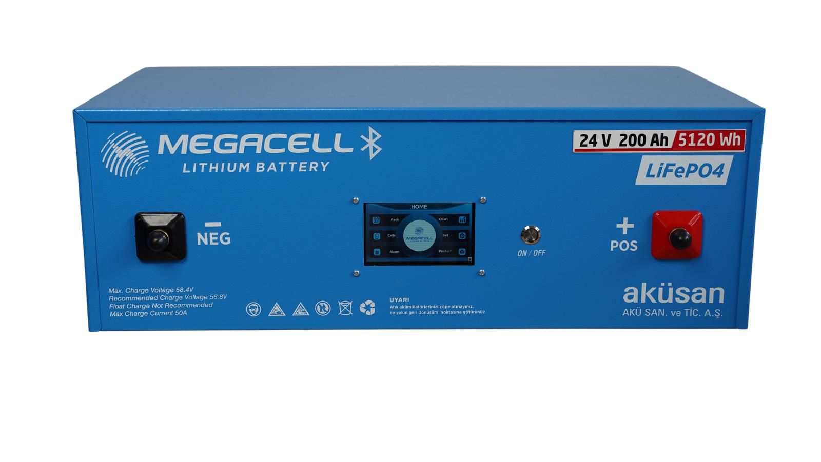 Megacell 25.6V 200Ah (Bluetooth) LiFePO4 Lityum Demir Fosfat Akü(Dokunmatik Ekran)